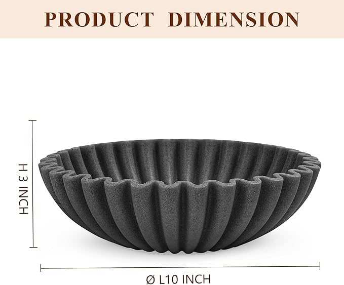Large Decorative Bowl, Modern Handicraft Bowls for Home Decor, Decorative Fruit Bowl for Kitchen, Ruffle Bowl Decor, Stylish Key bowl for Entry Table, Artificial Stone Black