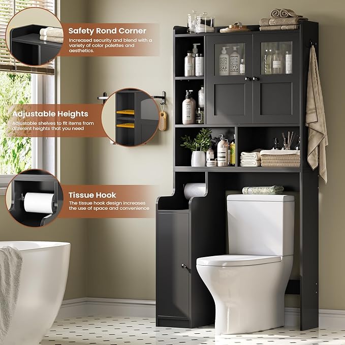 Itaar Over The Toilet Storage Cabinet, Over Toilet Bathroom Organizer with Glass Doors & Toilet Paper Holder Stand, Home Space-Saving Toilet Rack, for Bathroom, Restroom, Laundry(Black)