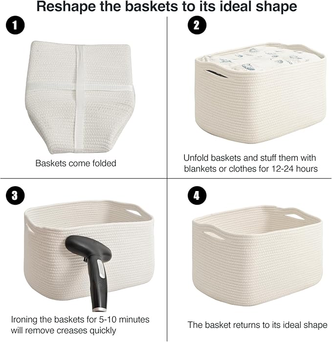 Large Storage Baskets for Organizing Shelves, Woven Cotton Rope Bins for Baby Nursery Organization, Book Toy Towel Organizer, 17"x13"x9.5", 3 Packs, Off White
