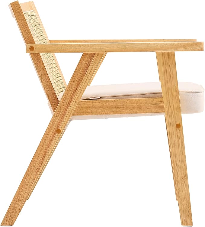 VEVOR Mid Century Modern Rattan Chair, Upholstered Velvet Accent Chair with Rattan Back, Retro Living Room Chair for Living Room, Bedroom, Reading Room, and Office, Beige