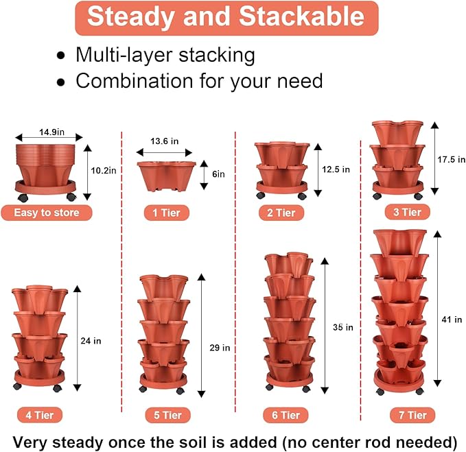 Vertical Planter 7 Tier Stackable Planters Garden Planters Strawberry Herb Flower and Vegetable Planter Indoor Outdoor Gardening Pots with Removable Wheels and Tools 2-Pack
