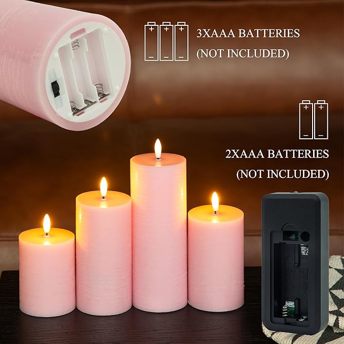 LUSHABOR Flameless Candles, 4 Pack Battery Operated Candles with Remote, Real Wax LED Fake Candles with Timer Flickering for Christmas Wedding Home Party D3 H 5" 6" 7" 9" Pink