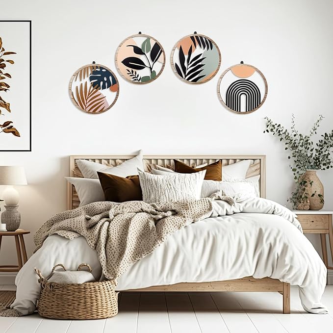 Qunclay 4 Pieces Boho Wall Art Wooden Bohemian Wall Decor Hanging Art Nursery Decor Farmhouse Geometric Hanging 10 Inch Aesthetic Wood Minimalist for Apartment Bedroom(Elegant)