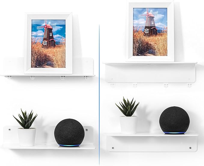 OAPRIRE White Acrylic Floating Shelves Set of 2 - Damage Free Expand Wall Space - 12 Inch Wall Shelves with Strong Adhesive for Bathroom, Bedroom, etc