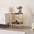 Round Glass End Table, Mid-Century Modern Design Sofa Table for Living Room, D18 x H23 in, 2-Tier Structure, Grey Glass Top and Black Marble Shelf, Sleek Conical Legs with Gold Finish Frame