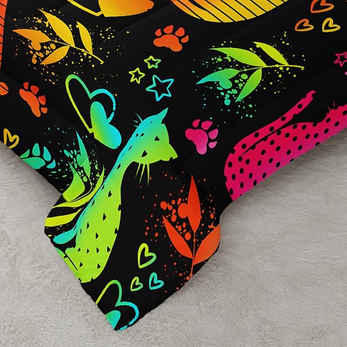 Kawaii Cat Animal Comforter 3Pcs Full Lovely Pet Cat Bedding Set for Kid Teen Girl Boy Adult Room Decor Cartoon Kitten Paw Heart Bamboo Leaf Pattern Quilt with 1 Comforter and 2 Pillowcases