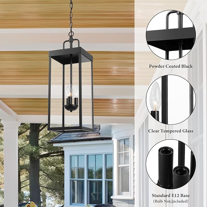 Large Outdoor Pendant Lantern Light Fixture for Front Porch, 24 Inch 3-Light Black Exterior Hanging Chandelier with Clear Glass, Outdoor Indoor Pendant Lamp for Patio, Gazebo, Entryway, Doorway