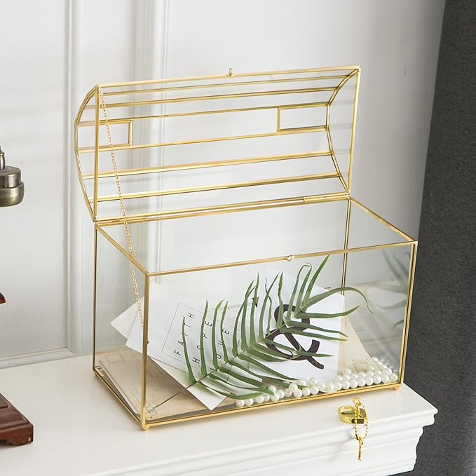 Wedding Card Box with Slot, 12.2'' Large Glass Card Boxes for Reception, Gold Card Holder, Clear Decorative Storage Box with Lock for Baby Shower, Birthday Party, Christmas, Bridal Shower