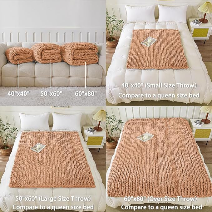 WESHIONGOO Chunky Knit Blanket Throw Knitted Throw Blankets for Couch Bed Fluffy Soft Blanket with Jumbo Chenille Yarn Thick 100% Handmade(40"*40")