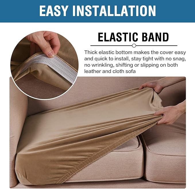 H.VERSAILTEX Velvet Stretch Couch Cushion Cover Plush Cushion Slipcover for Chair Loveseat Sofa Cushion Furniture Protector Seat Cushion Sofa Cover (2 Piece Medium Sofa Cushion Covers, Camel)