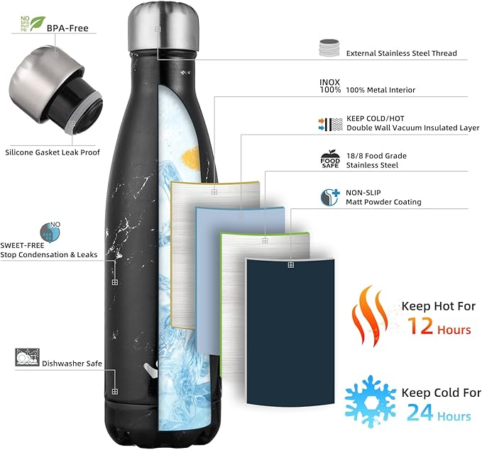 Insulated Water Bottles,17 oz Double Wall Stainless Steel Vacumm Metal Flask for Sports Travel,Marble Midnight
