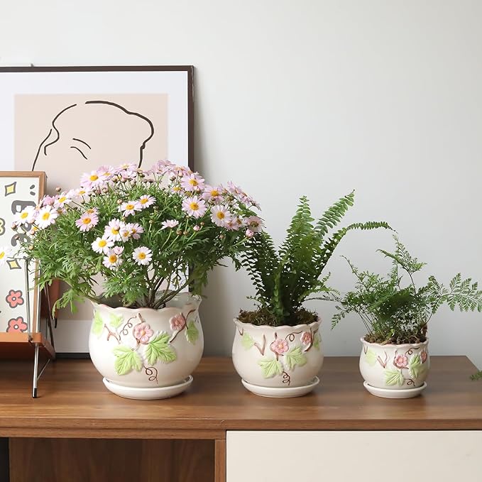 Ceramic Plant Pots with Drainage Holes and Saucers, Round Flower Pots for Indoor Plant, 3.9/5.2/6.7 Inches Small Flower Planters Set of 3