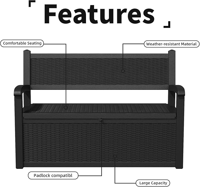 80 Gallon Storage Bench Deck Box Waterproof Lockable,Outdoor Storage Furniture for Patio,Garden and Porch,Tools and Cushions（Black）