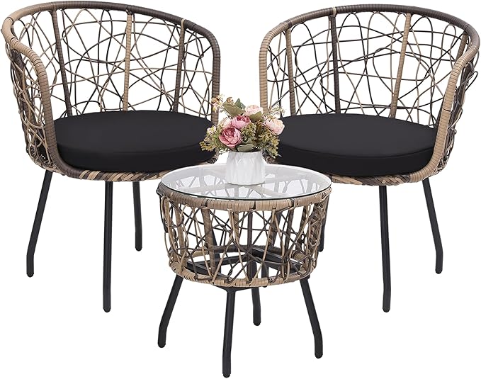 Kromax 3 Piece Bistro Set, Modern Outdoor Wicker Patio Furniture with Tempered Glass Table Top and 2 Chairs, Washable Cushions, Natural Rattan and Black Cushion