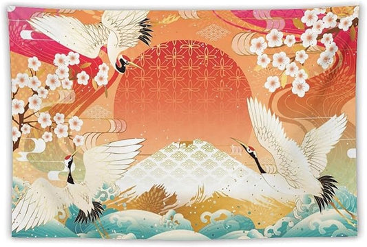 HZOHNAGO Japanese Tapestry Cherry Blossom Crane Sea Wave Fuji Mountain Red Sun Pattern Printed Wall Tapestry Painting Wall Hanging for Bedroom Living Room Dorm 60" W x 40" H