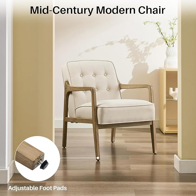 Linen Accent Chair Set of 2, Mid Century Modern Chair for Living Room, Upholstered Comfy Lounge Armchair with Solid Wood Frame, Reading Side Chair for Bedroom,105°Ergonomic Comfort, White