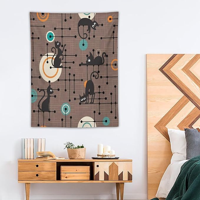 ICMOLYYENLO Boho Medieval Cat Tapestry, Abstract Atomic Starburst Geometric Aesthetic Art Wall Hanging For Bedroom Living Room Dormitory 60x80 Inches