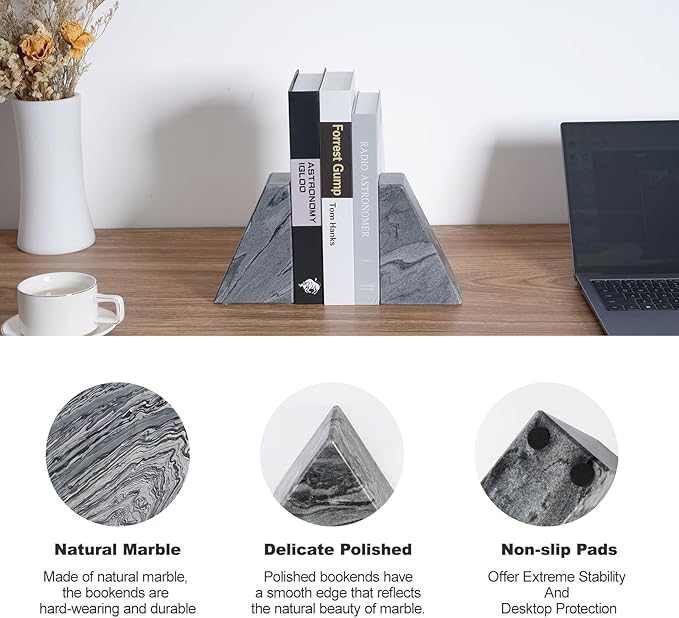 Marble Bookends for Heavy Books, Decorative Book Ends for Shelves, Unique and Heavy-Duty Book Ends for Hardback Book & CDS, Stone Book Stopper, Modern Book Holder, Monte Grigi, Set of 2