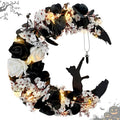 Halloween Wreaths for Front Door with Light, Black Cat Crescent Moon Wreath, Cute Cat Garland Halloween Door Decorations for Outdoor Indoor Decor Wall Window Home Party