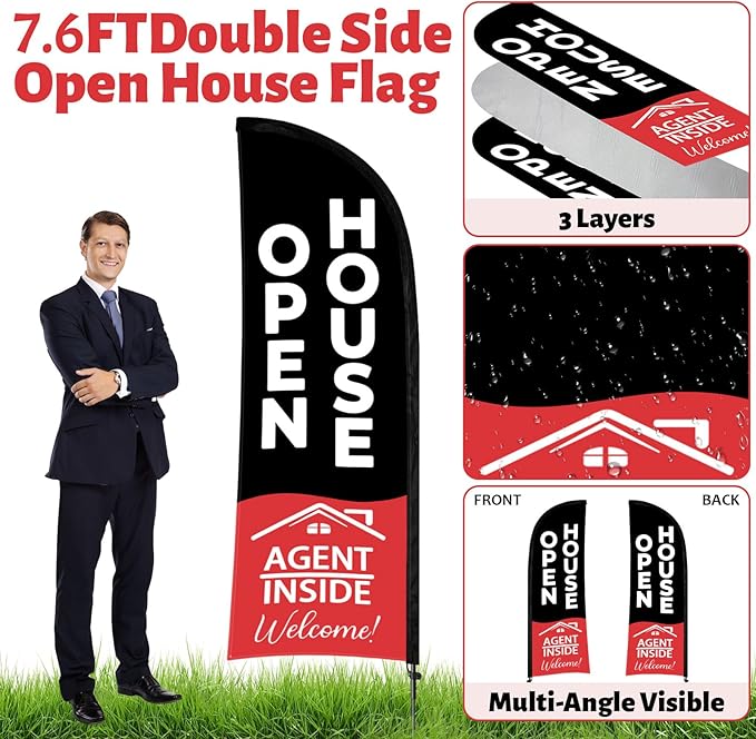 44 Pcs Open House Signs for Real Estate, Double Sided Open House Flag Kit, 7.6 x 5.4 Ft Black Banner Flag Poles Set for Outside, Directional Arrows Sign Stakes Balloons for Open House Supplies