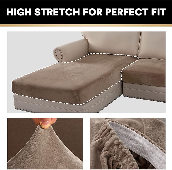 PrinceDeco Sectional Couch Covers 3 Pieces Velvet Sofa Covers L Shape Soft Couch Covers for Sectional Sofa Corner Sofa Cover Couch Cover for Dogs Washable (2 Seater + 1 Chaise,Taupe)