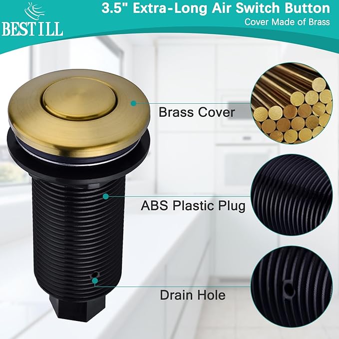 BESTILL Garbage Disposal Button, UL Listed, Cordless Sink Top Air Switch Kit for Waste Disposal, 3.6" Long Push Button with Brass Cover, Brushed Titanium Gold/Brushed Brass