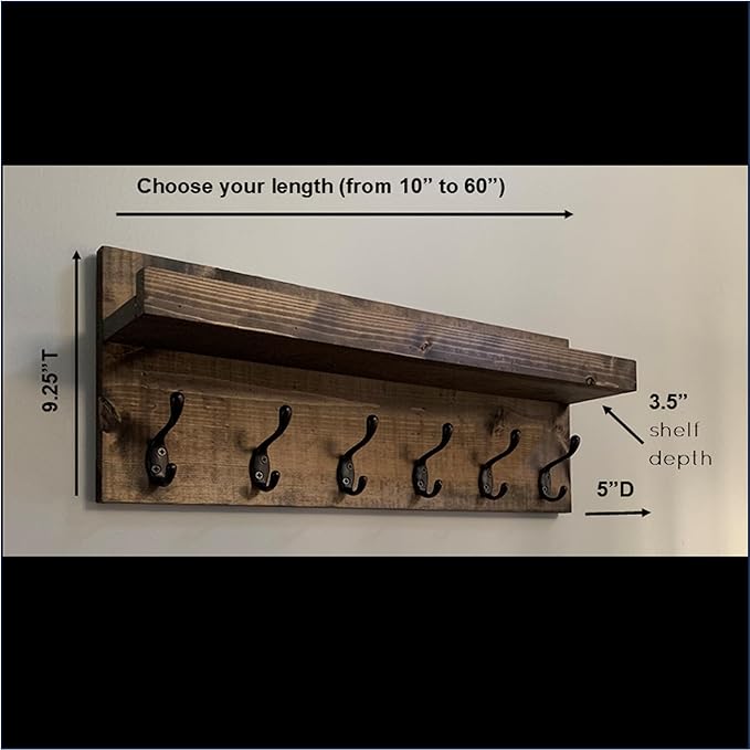 Coat Rack with Shelf Wall Mounted with Storage (Choose Your Length) Towel Rack Entryway Organizer Key Hooks (60" L (10 Hooks))