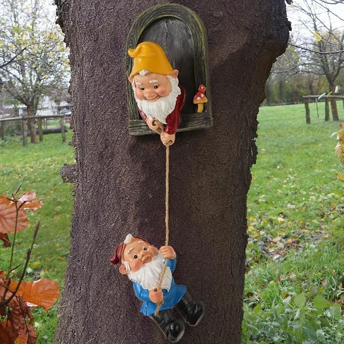 Elenon Climbing Gnomes Tree Faces Decor, Adorable Gnome Tree Hugger Fairy Garden Statue, Funny Peeker Sculpture Outdoor Yard Patio Art (2pcs)