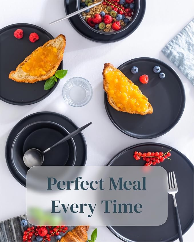 Matte Black Dinnerware Set - 32-Piece Stoneware Set for 8 People - Dishwasher & Microwave Safe - Black Matte