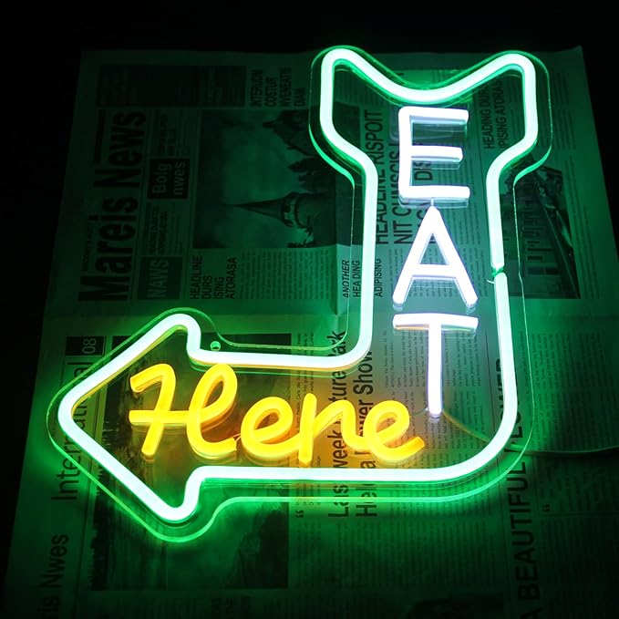 Eat Here Neon Sign Kitchen Neon Signs for Wall Decor with Arrow Guidance Green Orange White Eat Dimmable LED Sign Diner Neon Signs for Wall Bar Restaurant Kitchen Man Cave Decor