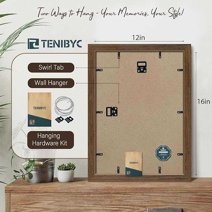 12x16 Picture Frame 3 pk, Brown Woodgrain, HD Tempered Glass, Wall Gallery Frame