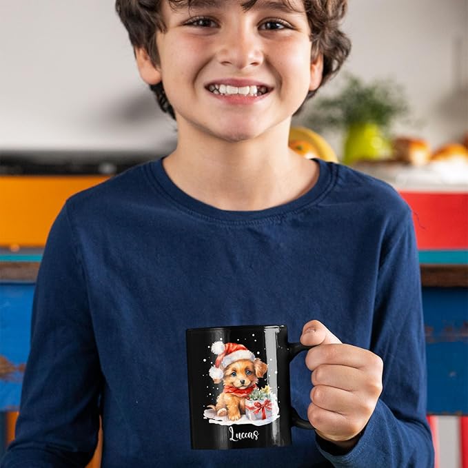 Personalized Name Christmas Puppy Cup - Novelty Coffee Mug 11oz 15oz, Customized Santa Hat Design, Custom Pet Owner Black Ceramic Cup, Gift for Christmas, Puppy Lover