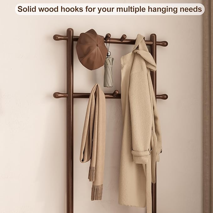 Hall Tree, Coat Rack with Shoe Storage, Wooden Hall Tree with Bench, 11 Hooks and 2-Tier Storage Shelves, Entryway Bench with Coat Rack (23.6" - Deep Walnut)