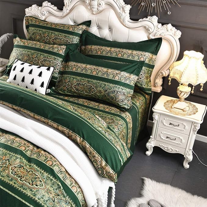 ABREEZE Bohemian Vintage King Size Floral Cotton Bedding Set 3Pcs Duvet Cover Set Boho Green Paisley 100% Egyptian Brushed Cotton Reversible Home Bedding Collection