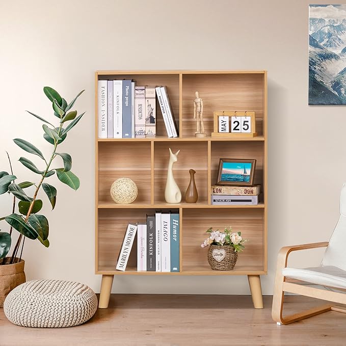 LEYAOYAO Wooden 5 Cube Bookshelf - Natural Wood Storage Organizer