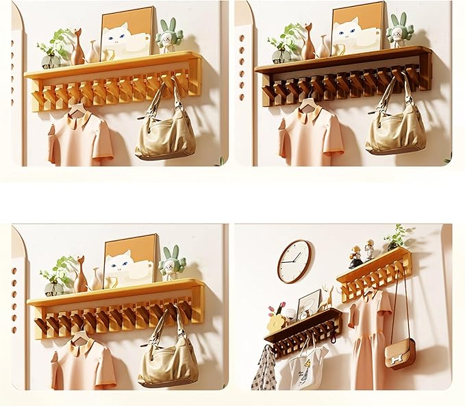 Wall Mounted Piano Key Hanger | Flip Style Hook | Entrance Wall Art Hook, Made of Oak Wood (3 Times Painted, 4 Times Polished) (Tray Walnut, 10Hooks)