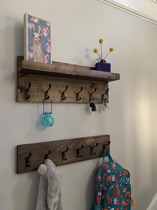 Coat Rack with Shelf Wall Mounted with Storage (Choose Your Length) Towel Rack Entryway Organizer Key Hooks (60" L (10 Hooks) Set of 2)