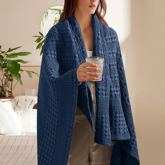 PHF 100% Cotton Waffle Weave Throw Blanket, Soft Lightweight Breathable Cozy Summer Throws for Couch Bed Sofa, Luxury Aesthetic Woven Blanket for Home Decor & Office, 50"x60", Bright Navy