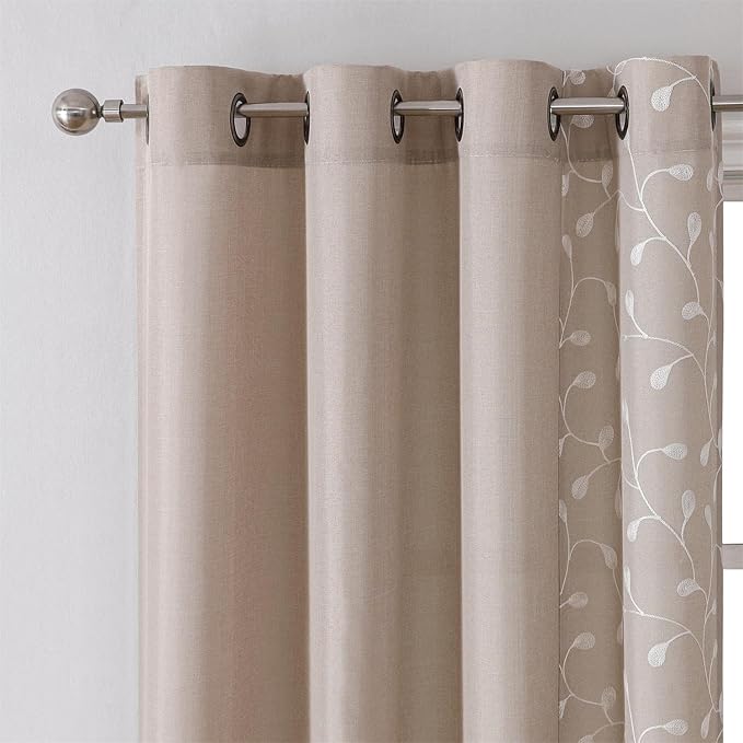 MIUCO Light Filtering Faux Linen Curtains, 63 Inch Length for Bedroom & Living Room, Linen Floral Embroidered Solid Mix and Match, Semi Sheer Grommet Farmhouse Drapes, 2 Panels Set