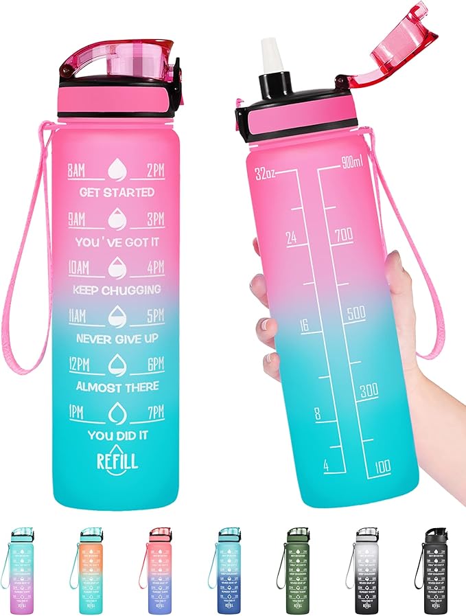 Enerbone Water Bottle, Leakproof BPA & Toxic Free, Motivational Water Bottle with Times to Drink and Straw, Fitness Sports Water Bottle with Strap for Office, Gym, Outdoor Sports