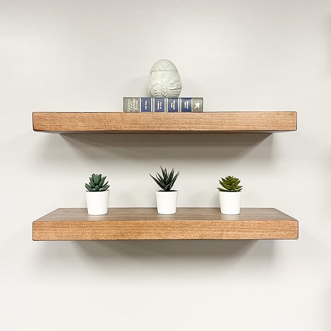 URBANDI, Rustic Floating Shelves, Set of 2, Hidden Bracket, Solid Wood, Heavy Duty, Wall Mounted Shelves, (Brown, 24Wx10D)