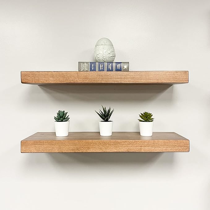 URBANDI, Rustic Floating Shelves, Set of 2, Hidden Bracket, Solid Wood, Heavy Duty, Wall Mounted Shelves, (Brown, 60Wx10D)
