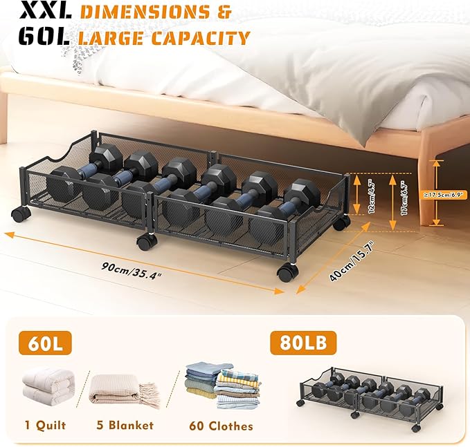 2 Pack Under Bed Storage with Wheels, 36" Lengthen Underbed Storage Containers with Lids, Large Capacity Under Bed Shoe Storage, Metal Clothes Organizer, Storage Box for Clothing Shoes Blankets Sheet