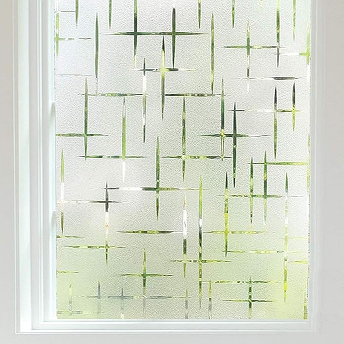 Finnez Frosted Window Film Non-Adhesive, Frosting Privacy Film for Glass Windows, Self Static-Cling Decorative Window Cling for Home Office UV Protection Cross Pattern, 29.5 x 157.4 inches