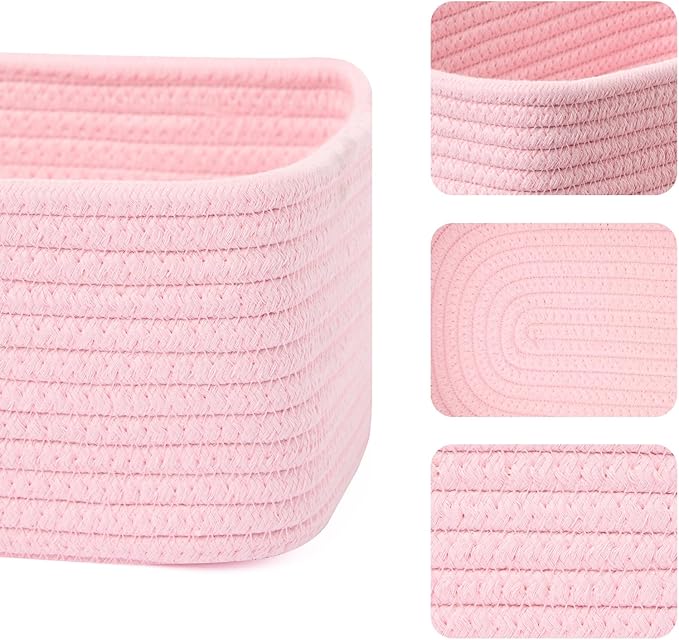 Small Storage Baskets for Organizing | Closet Organizer Bins | Shelf Toy Basket | Woven Rope Baskets | Cube Decorative Box | Shallow Basket | 11.5x7.5x4.7” | 4 Packs Light Pink