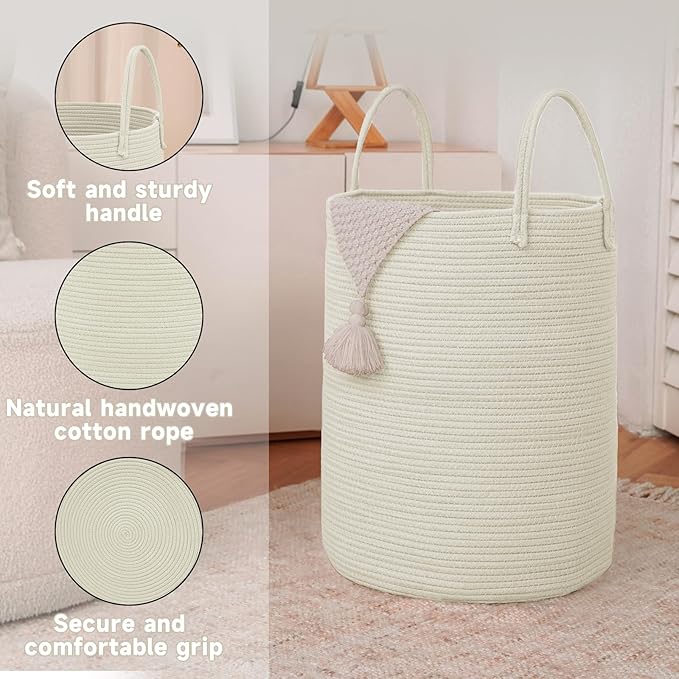 Large Woven Laundry Basket Hamper,60L Cotton Rope Storage Bin for Blankets,Toys and Clothes,Decorative Tall Nursery Hamper for Living Room,Baby Nursery,Bathroom and Bedroom,White