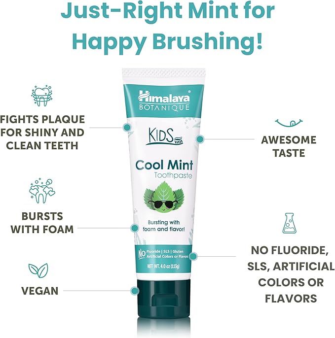 Himalaya Botanique Kids Toothpaste, Cool Mint, Fluoride-Free, Gentle, No Artificial Colors, SLS Free, Gluten Free, Cruelty Free, Vegan, Foaming, 4 Oz, 1 Pack…