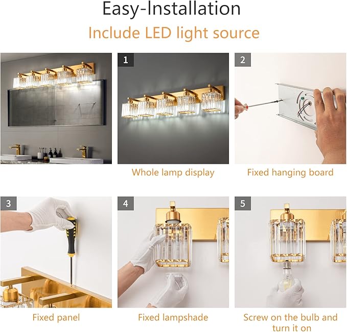 Modern 5-Light Gold Brushed Brass Finish Crystal Wall Light for Bathroom Vanity