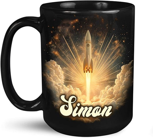 Sci-Fi Inspired Ceramic Mug for Men, Custom Name Coffee Mug 11oz or 15oz, Personalized Rocket Enthusiast Black Cup, Custom Vibrant Rocket Coffee Cup, Gifts for Astronaut Fans