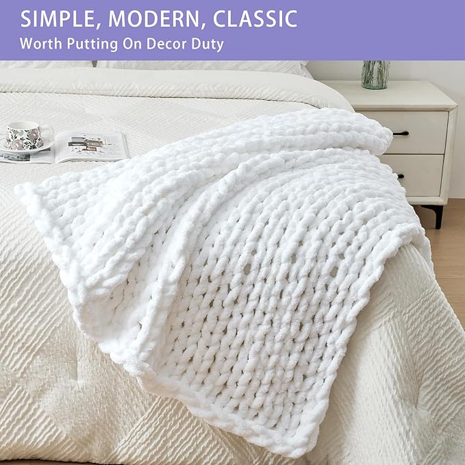 Bigacogo Chunky Knit Throw Blanket for Couch, 40x40 inches, 100% Hand Knitted with Thick Jumbo Chenille Yarn, Cozy Soft Large Rope Knot Cable Crochet Blankets for Sofa Bed Living Room, White